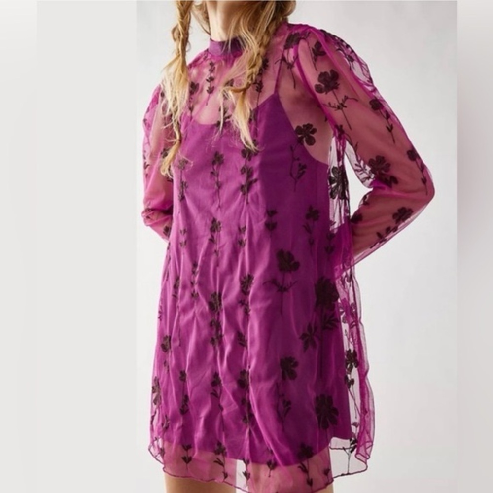 Free People Cecelia Sheer Floral Mini Dress Fuchsia Embroidered Mesh